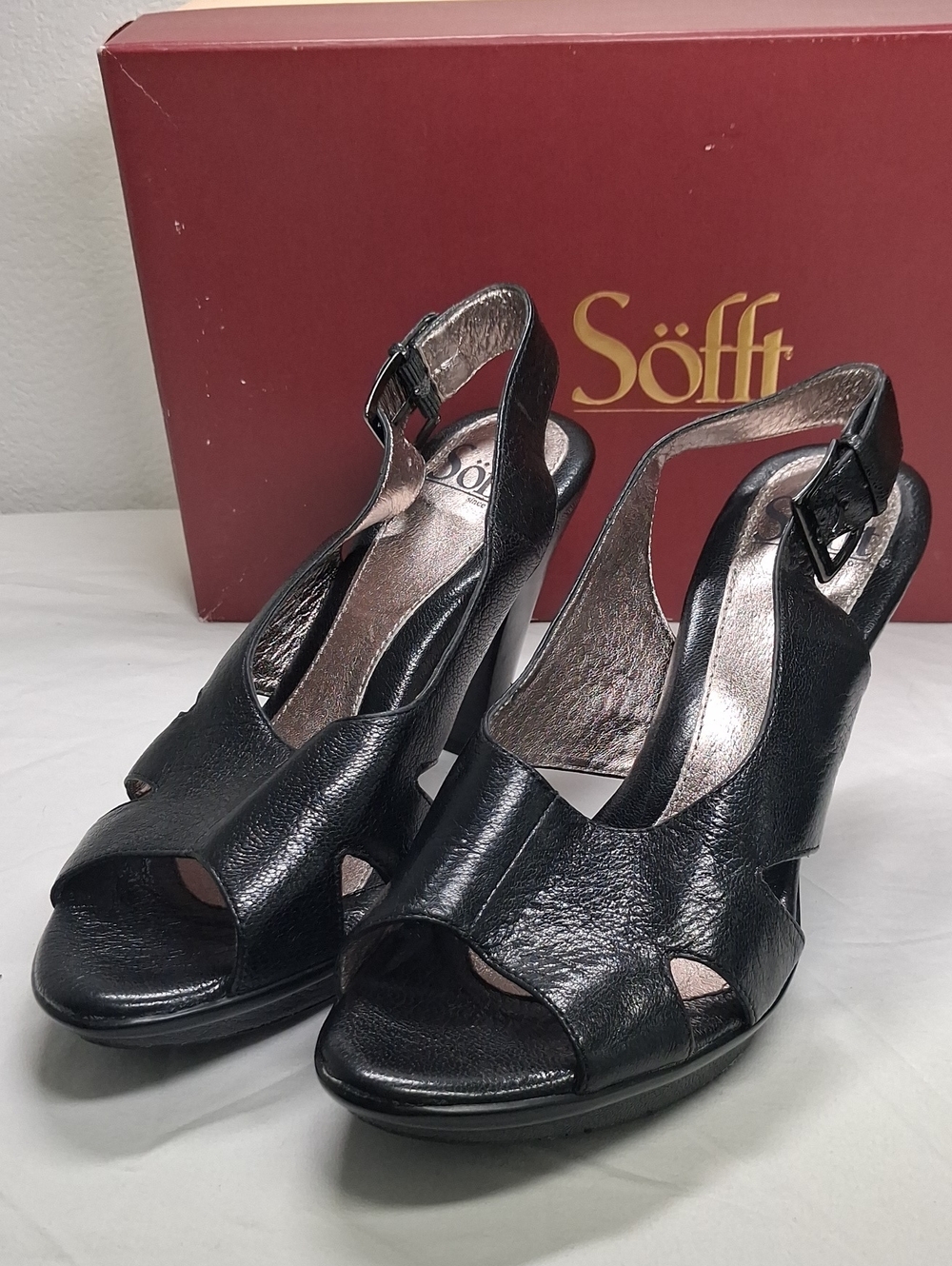 SOFFT Black Leather Slingback Peep-Toe Heels